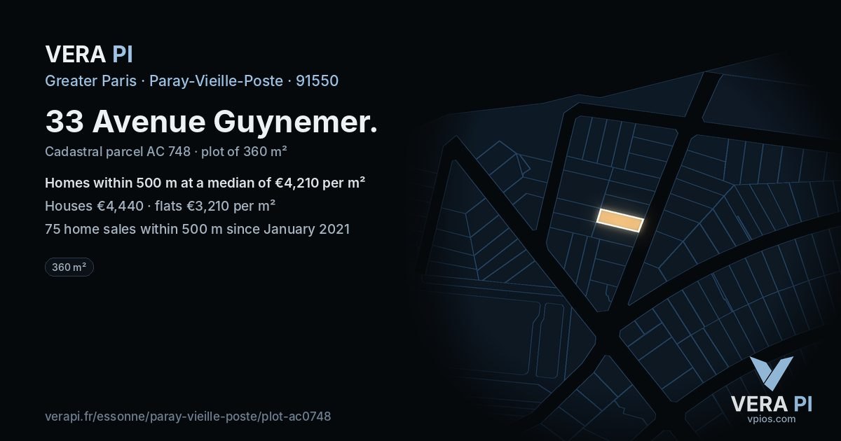 33 Avenue Guynemer, Paray-Vieille-Poste at night – the plot lit, the parcels around coloured by the prices near them