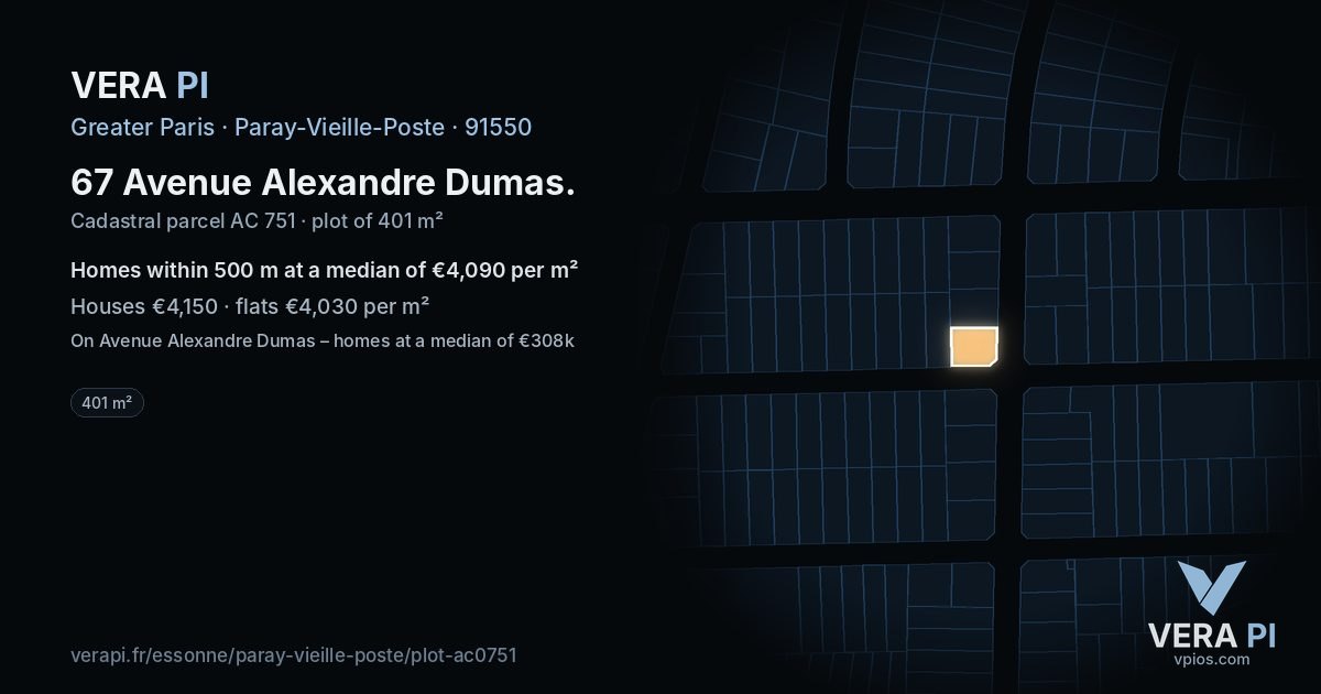 67 Avenue Alexandre Dumas, Paray-Vieille-Poste at night – the plot lit, the parcels around coloured by the prices near them