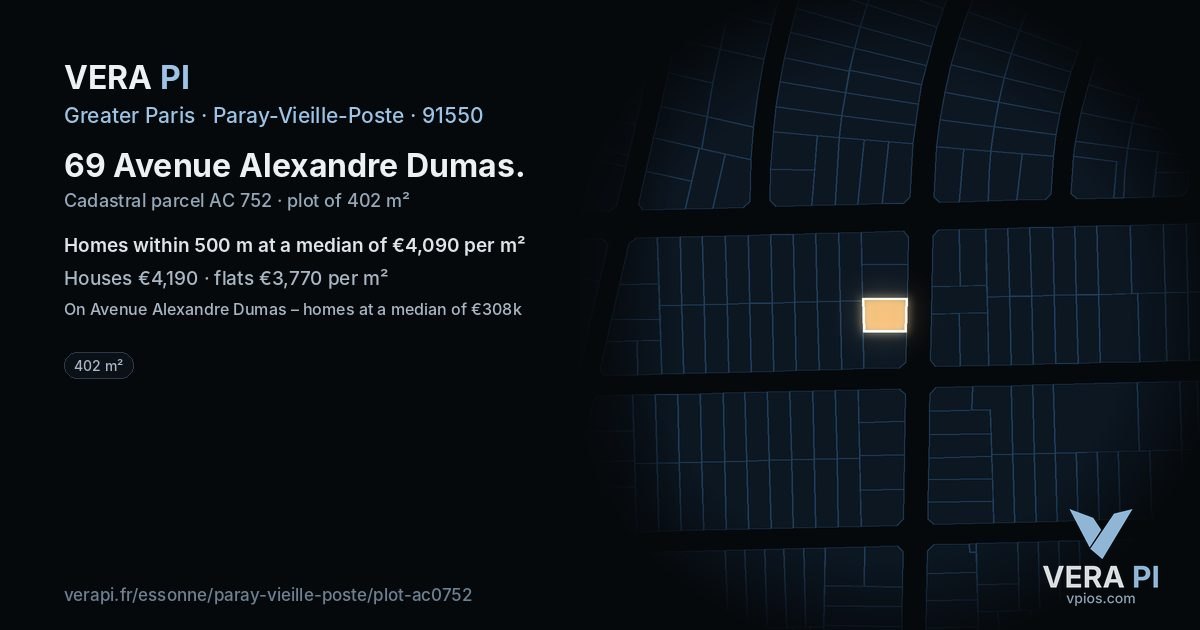 69 Avenue Alexandre Dumas, Paray-Vieille-Poste at night – the plot lit, the parcels around coloured by the prices near them