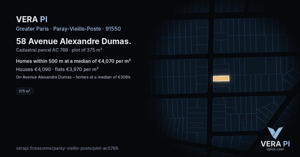 58 Avenue Alexandre Dumas, Paray-Vieille-Poste at night – the plot lit, the parcels around coloured by the prices near them
