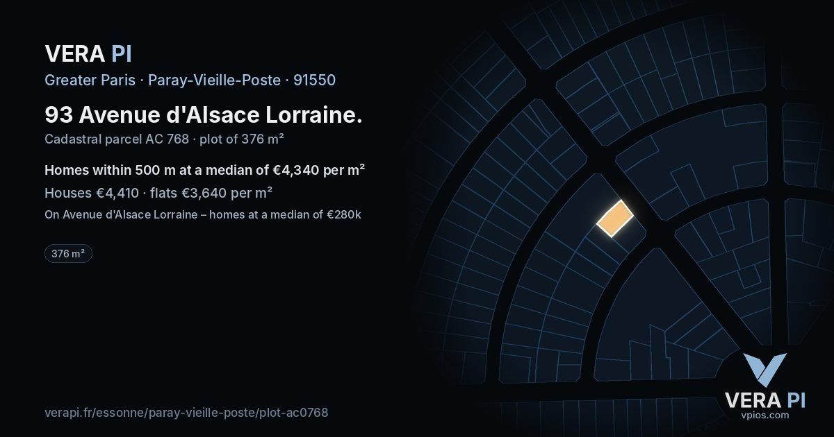 93 Avenue d'Alsace Lorraine, Paray-Vieille-Poste at night – the plot lit, the parcels around coloured by the prices near them