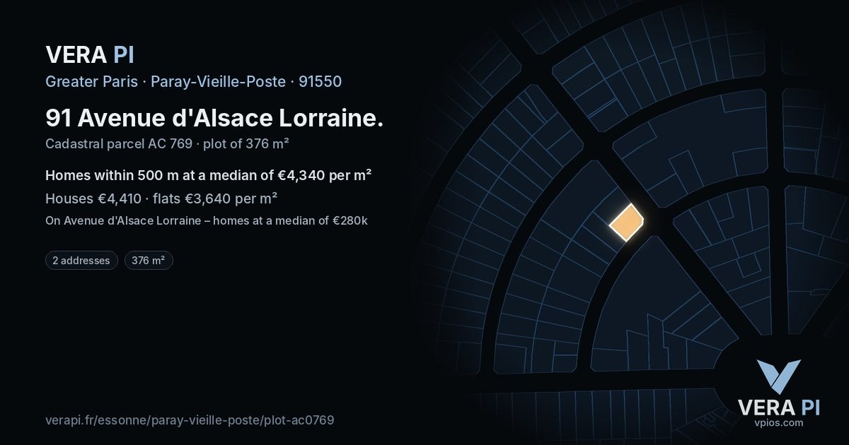 91 Avenue d'Alsace Lorraine, Paray-Vieille-Poste at night – the plot lit, the parcels around coloured by the prices near them