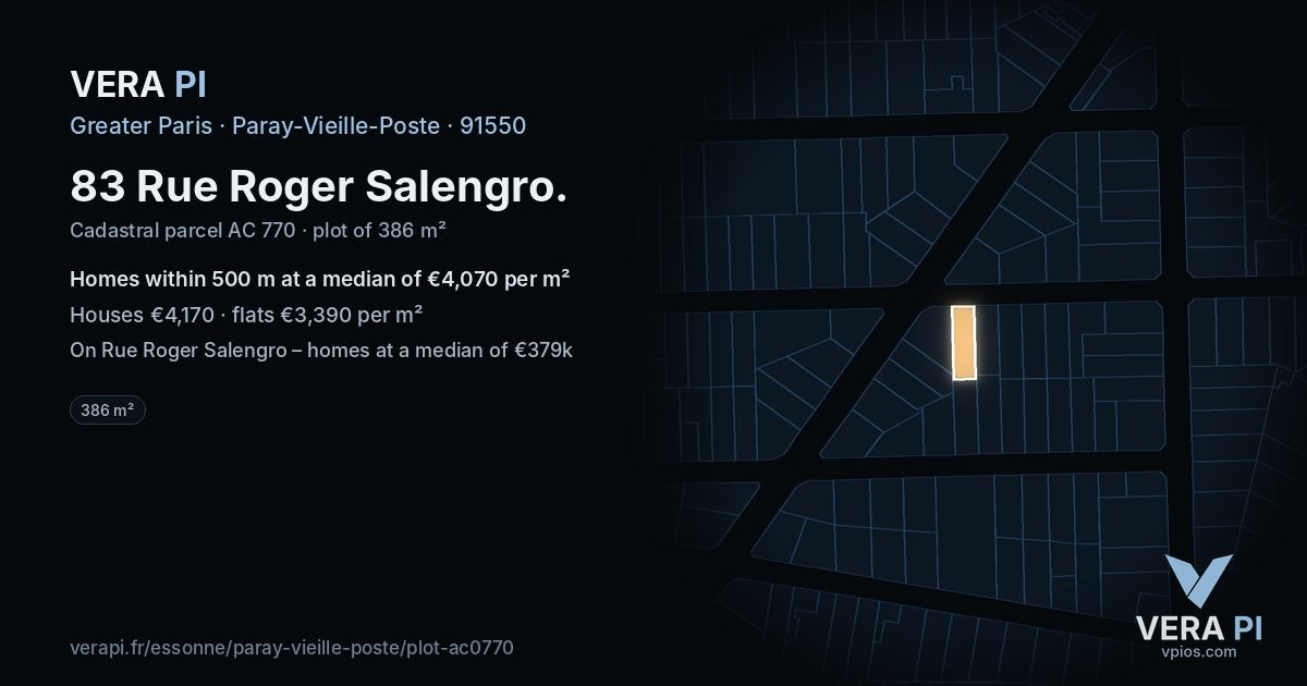 83 Rue Roger Salengro, Paray-Vieille-Poste at night – the plot lit, the parcels around coloured by the prices near them