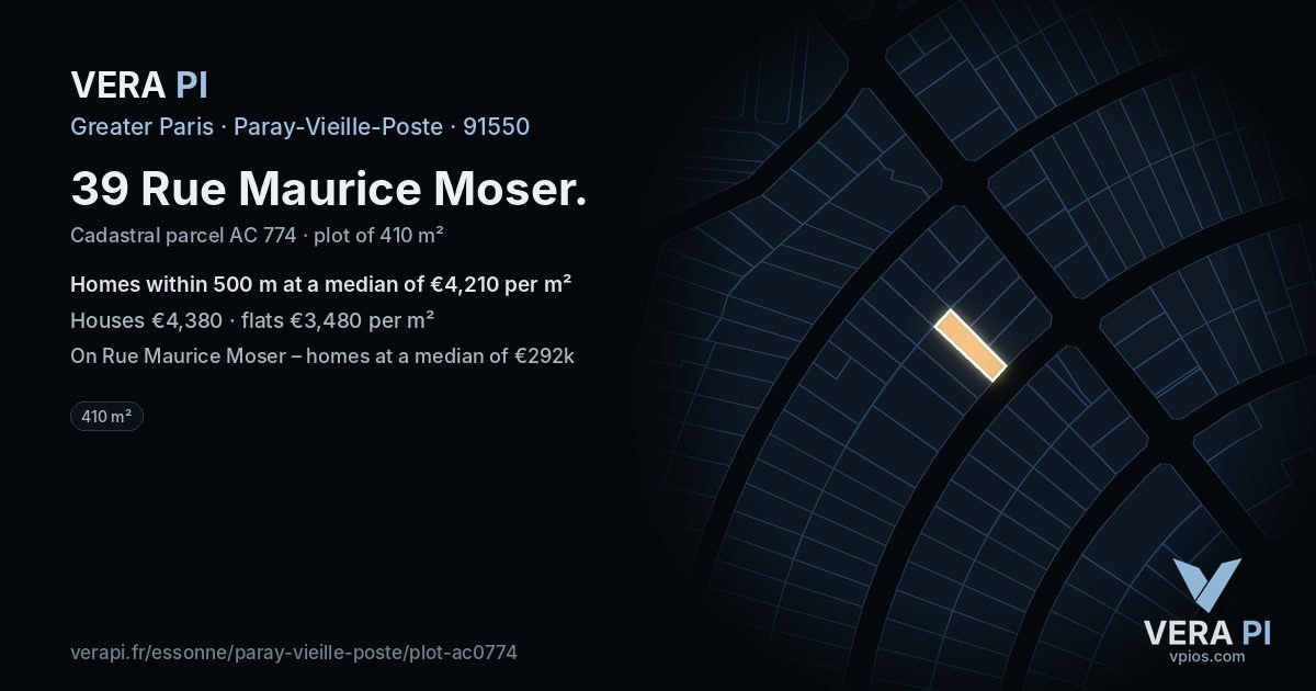 39 Rue Maurice Moser, Paray-Vieille-Poste at night – the plot lit, the parcels around coloured by the prices near them