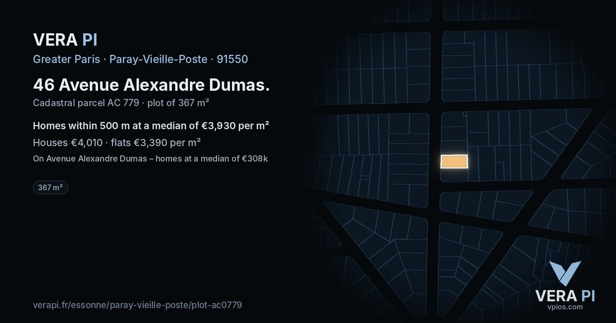 46 Avenue Alexandre Dumas, Paray-Vieille-Poste at night – the plot lit, the parcels around coloured by the prices near them