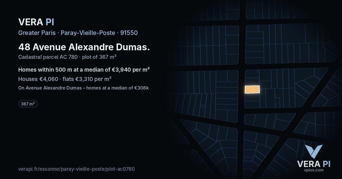 48 Avenue Alexandre Dumas, Paray-Vieille-Poste at night – the plot lit, the parcels around coloured by the prices near them
