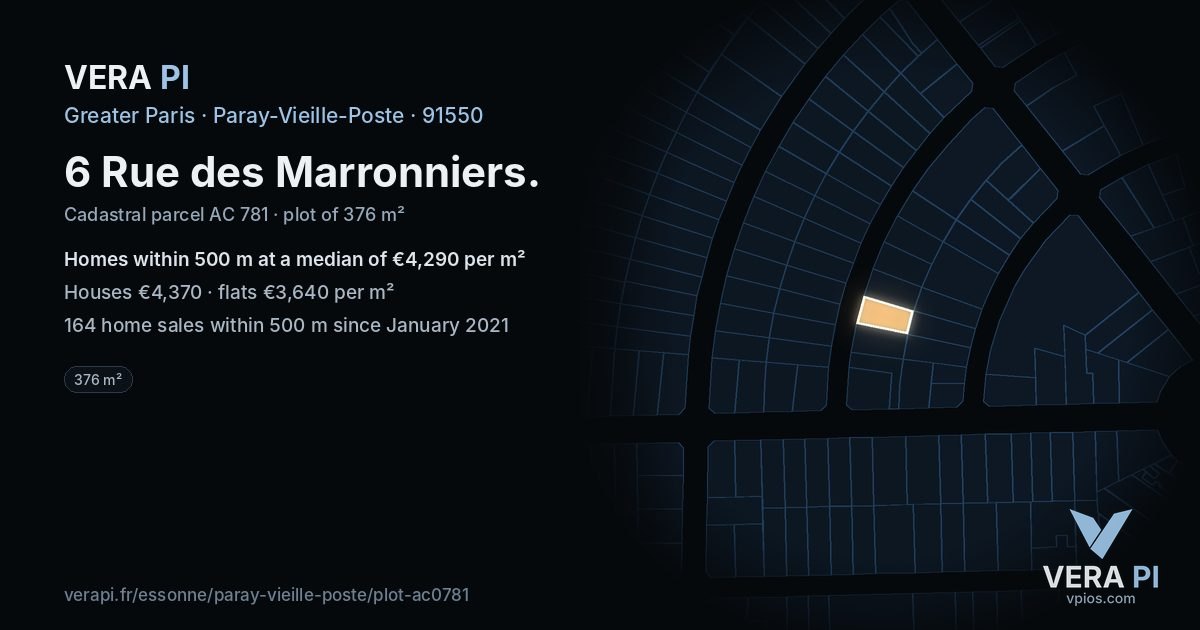6 Rue des Marronniers, Paray-Vieille-Poste at night – the plot lit, the parcels around coloured by the prices near them