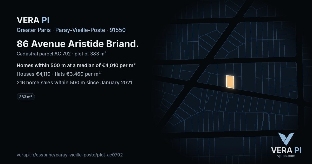 86 Avenue Aristide Briand, Paray-Vieille-Poste at night – the plot lit, the parcels around coloured by the prices near them