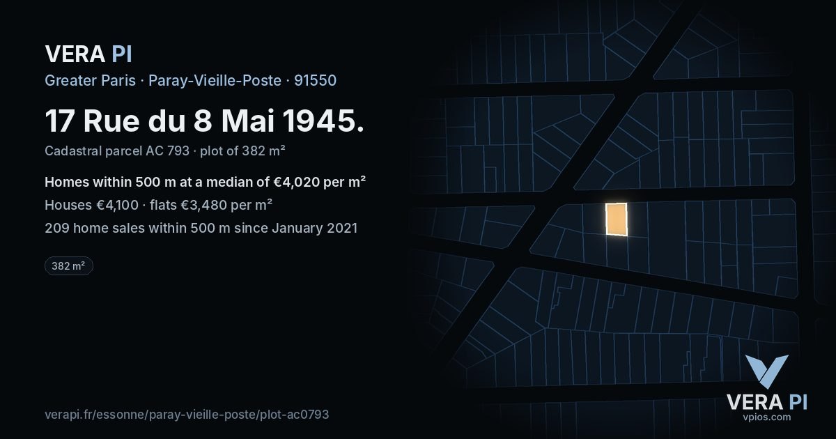 17 Rue du 8 Mai 1945, Paray-Vieille-Poste at night – the plot lit, the parcels around coloured by the prices near them