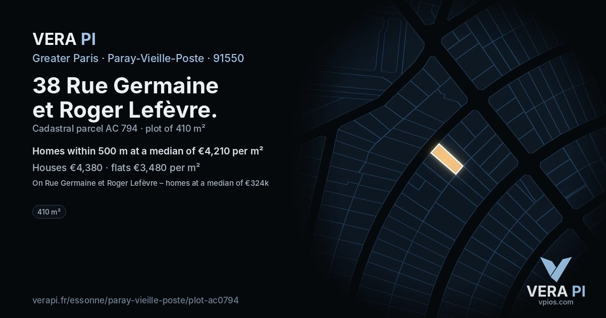 38 Rue Germaine et Roger Lefèvre, Paray-Vieille-Poste at night – the plot lit, the parcels around coloured by the prices near them