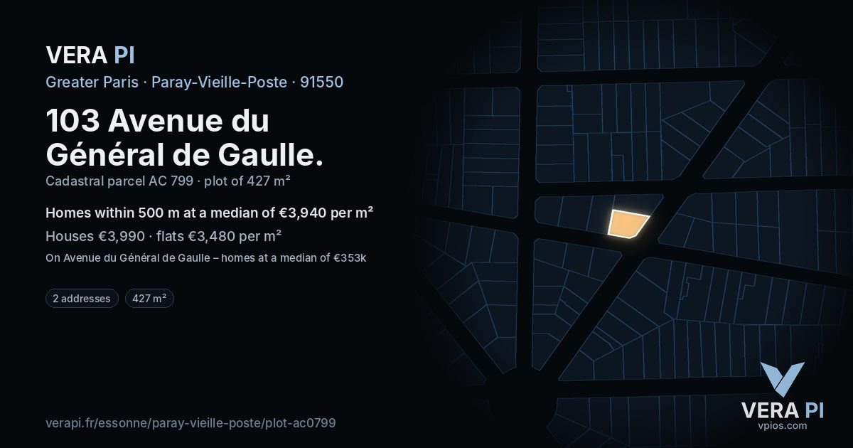 103 Avenue du Général de Gaulle, Paray-Vieille-Poste at night – the plot lit, the parcels around coloured by the prices near them