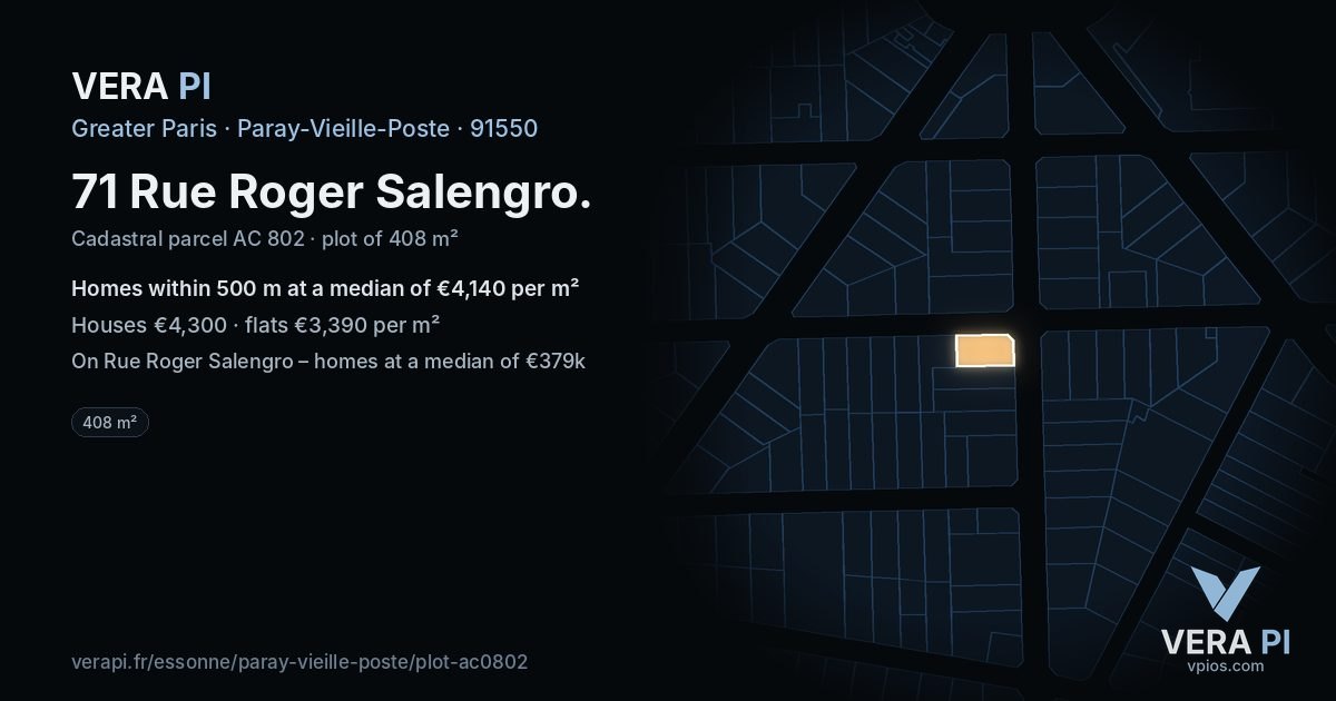 71 Rue Roger Salengro, Paray-Vieille-Poste at night – the plot lit, the parcels around coloured by the prices near them