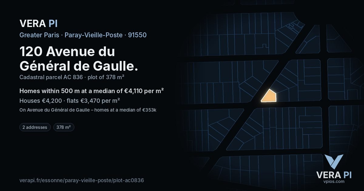 120 Avenue du Général de Gaulle, Paray-Vieille-Poste at night – the plot lit, the parcels around coloured by the prices near them