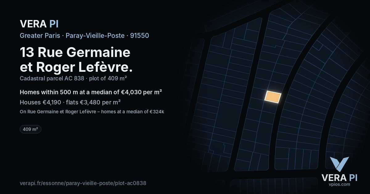13 Rue Germaine et Roger Lefèvre, Paray-Vieille-Poste at night – the plot lit, the parcels around coloured by the prices near them