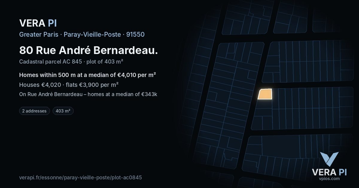 80 Rue André Bernardeau, Paray-Vieille-Poste at night – the plot lit, the parcels around coloured by the prices near them