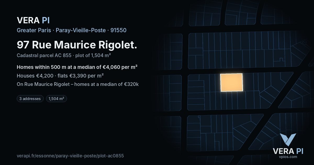 97 Rue Maurice Rigolet, Paray-Vieille-Poste at night – the plot lit, the parcels around coloured by the prices near them