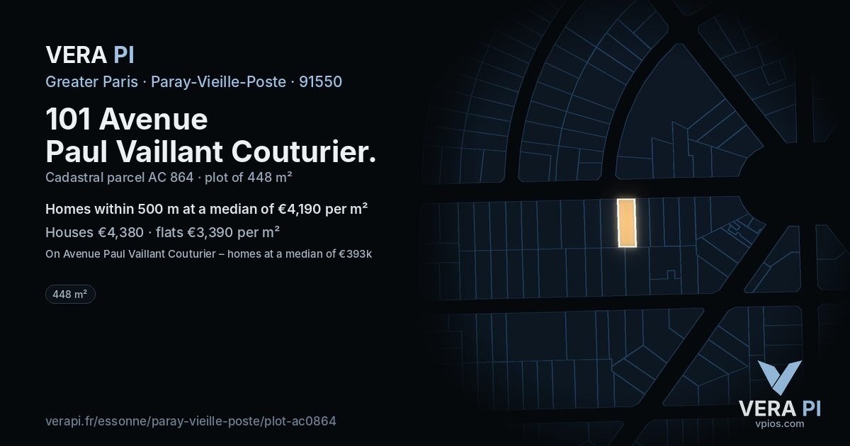101 Avenue Paul Vaillant Couturier, Paray-Vieille-Poste at night – the plot lit, the parcels around coloured by the prices near them