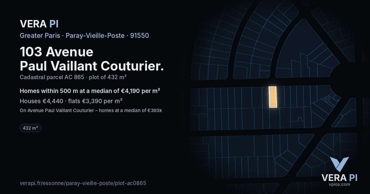 103 Avenue Paul Vaillant Couturier, Paray-Vieille-Poste at night – the plot lit, the parcels around coloured by the prices near them