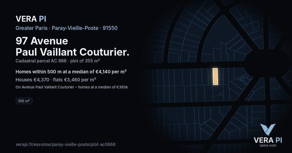 97 Avenue Paul Vaillant Couturier, Paray-Vieille-Poste at night – the plot lit, the parcels around coloured by the prices near them