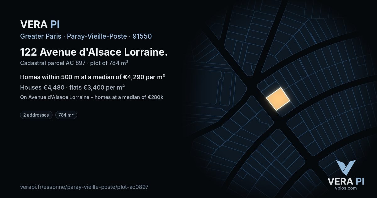 122 Avenue d'Alsace Lorraine, Paray-Vieille-Poste at night – the plot lit, the parcels around coloured by the prices near them
