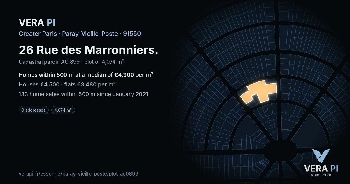 26 Rue des Marronniers, Paray-Vieille-Poste at night – the plot lit, the parcels around coloured by the prices near them