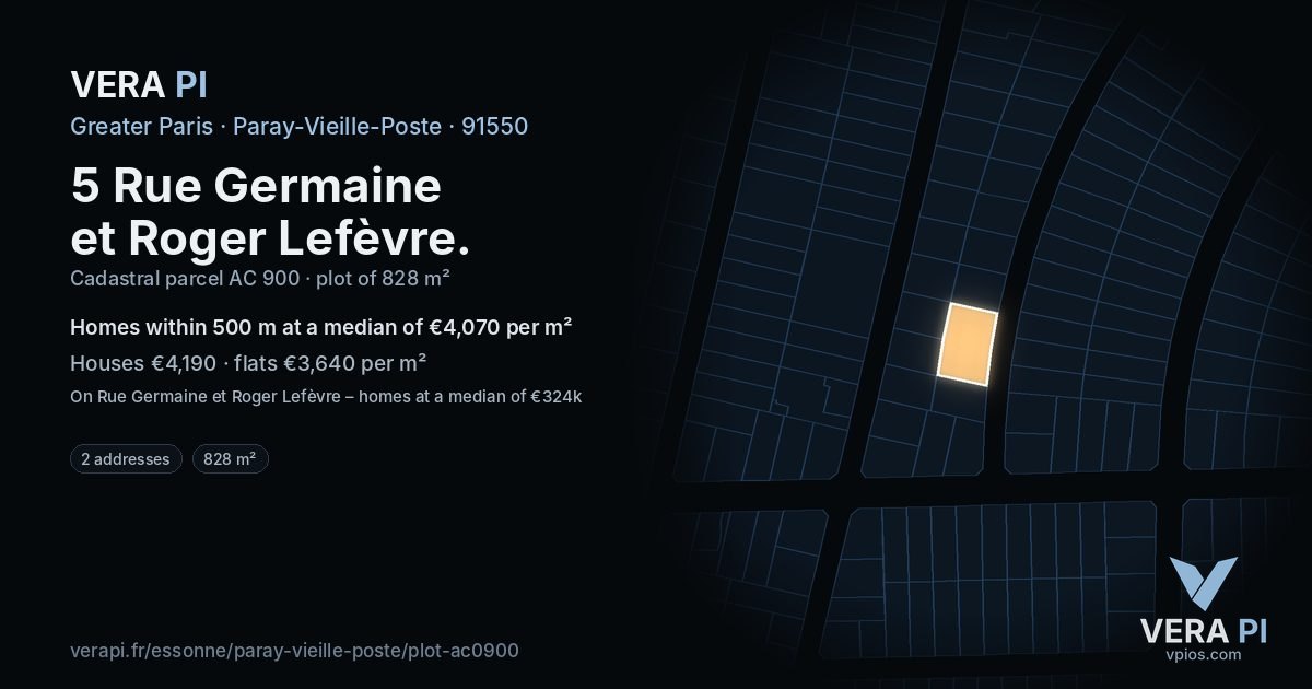 5 Rue Germaine et Roger Lefèvre, Paray-Vieille-Poste at night – the plot lit, the parcels around coloured by the prices near them