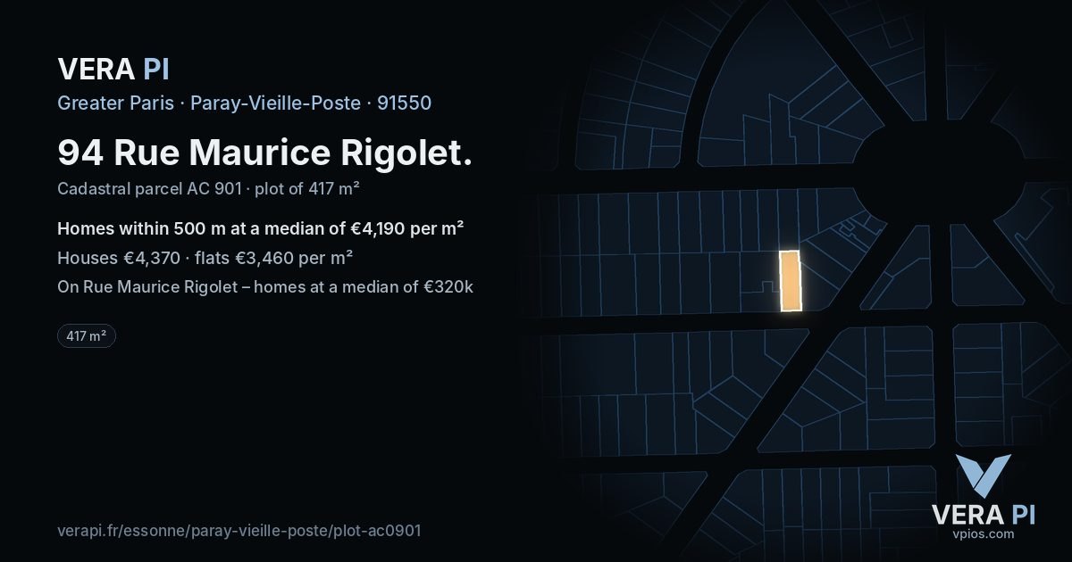 94 Rue Maurice Rigolet, Paray-Vieille-Poste at night – the plot lit, the parcels around coloured by the prices near them