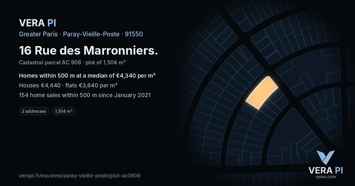 16 Rue des Marronniers, Paray-Vieille-Poste at night – the plot lit, the parcels around coloured by the prices near them
