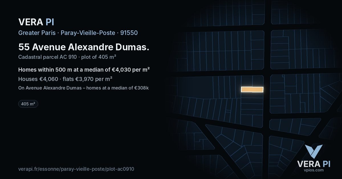 55 Avenue Alexandre Dumas, Paray-Vieille-Poste at night – the plot lit, the parcels around coloured by the prices near them