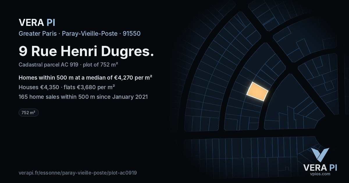 9 Rue Henri Dugres, Paray-Vieille-Poste at night – the plot lit, the parcels around coloured by the prices near them