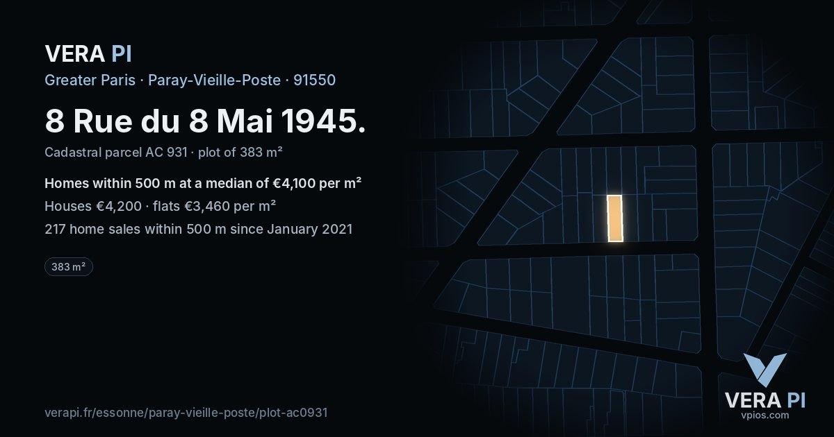 8 Rue du 8 Mai 1945, Paray-Vieille-Poste at night – the plot lit, the parcels around coloured by the prices near them