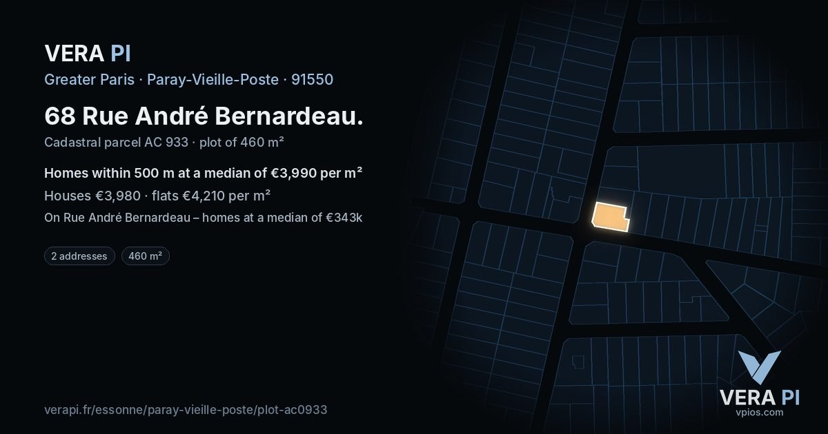 68 Rue André Bernardeau, Paray-Vieille-Poste at night – the plot lit, the parcels around coloured by the prices near them