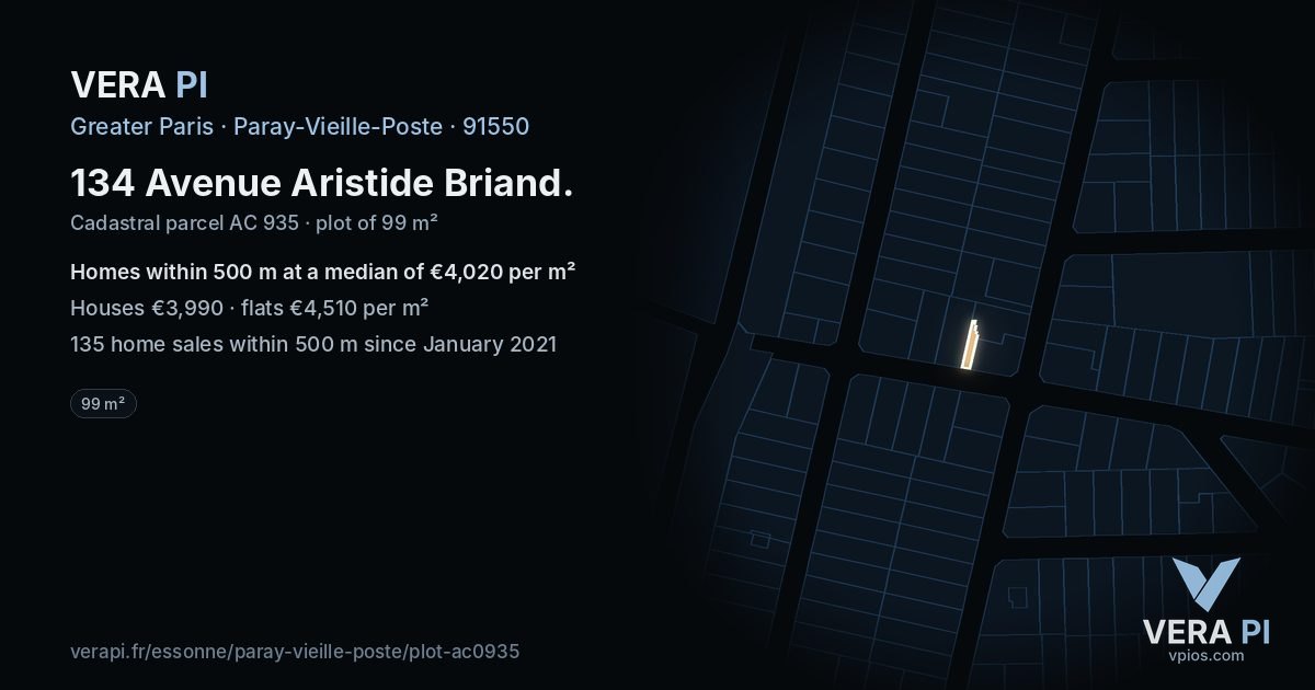 134 Avenue Aristide Briand, Paray-Vieille-Poste at night – the plot lit, the parcels around coloured by the prices near them