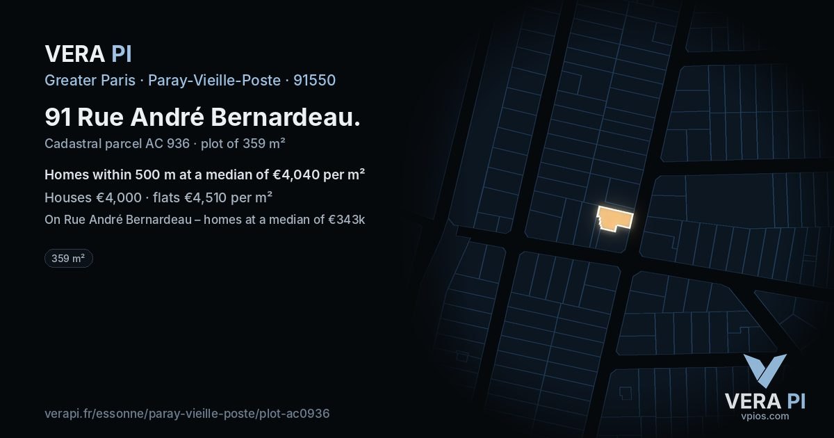 91 Rue André Bernardeau, Paray-Vieille-Poste at night – the plot lit, the parcels around coloured by the prices near them