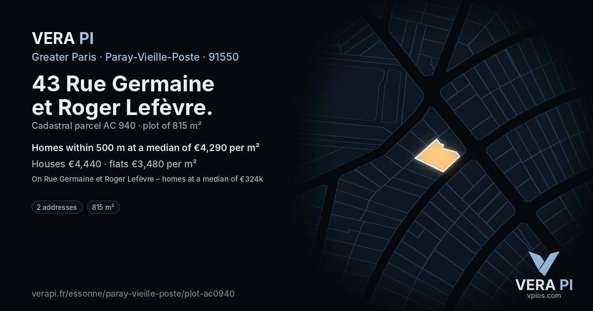 43 Rue Germaine et Roger Lefèvre, Paray-Vieille-Poste at night – the plot lit, the parcels around coloured by the prices near them