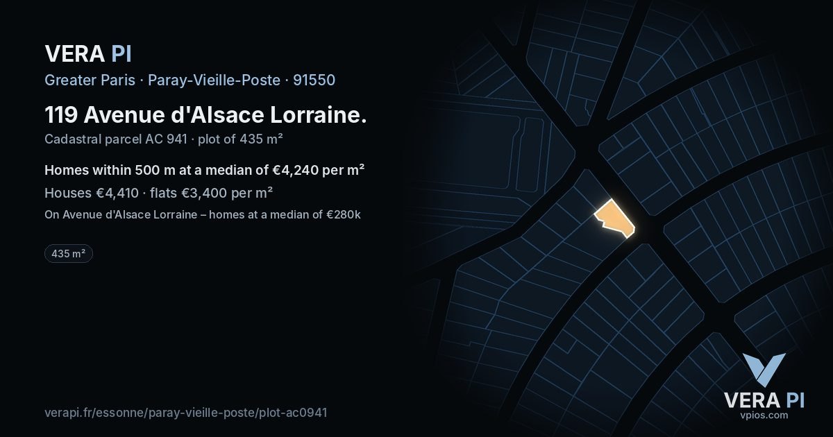 119 Avenue d'Alsace Lorraine, Paray-Vieille-Poste at night – the plot lit, the parcels around coloured by the prices near them