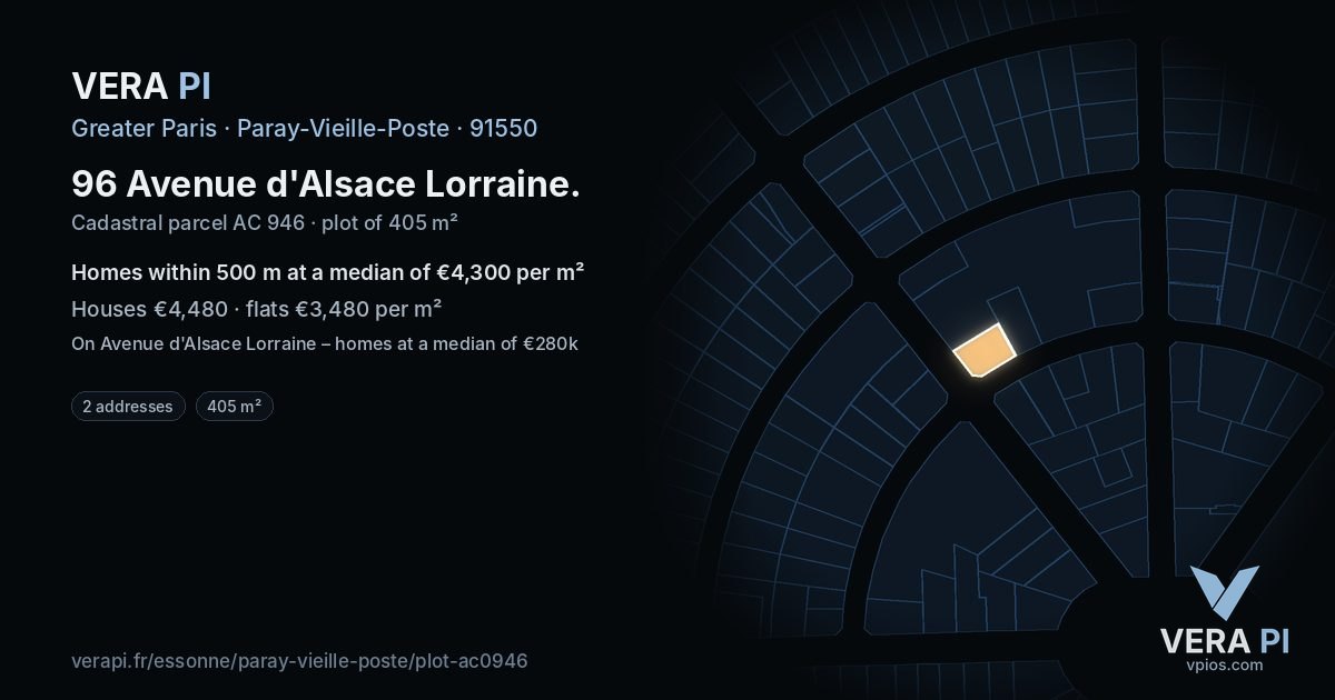96 Avenue d'Alsace Lorraine, Paray-Vieille-Poste at night – the plot lit, the parcels around coloured by the prices near them