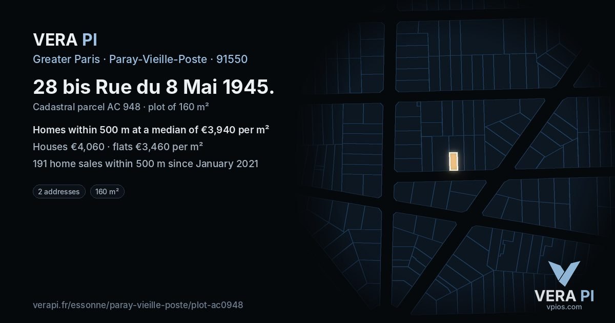 28 bis Rue du 8 Mai 1945, Paray-Vieille-Poste at night – the plot lit, the parcels around coloured by the prices near them