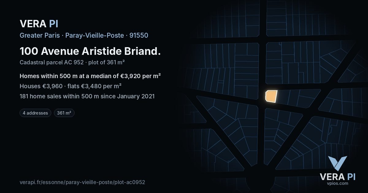 100 Avenue Aristide Briand, Paray-Vieille-Poste at night – the plot lit, the parcels around coloured by the prices near them
