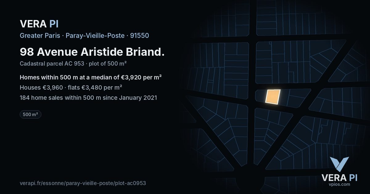 98 Avenue Aristide Briand, Paray-Vieille-Poste at night – the plot lit, the parcels around coloured by the prices near them