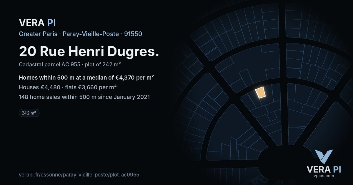 20 Rue Henri Dugres, Paray-Vieille-Poste at night – the plot lit, the parcels around coloured by the prices near them