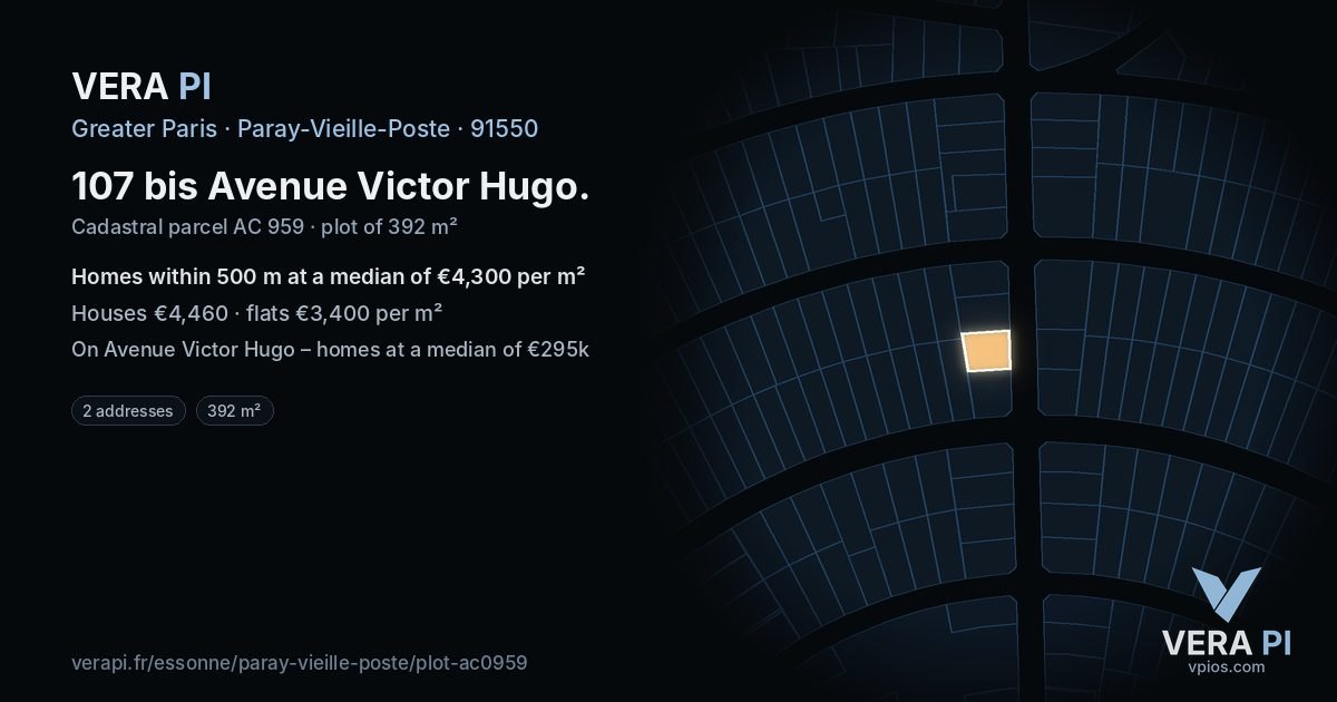 107 bis Avenue Victor Hugo, Paray-Vieille-Poste at night – the plot lit, the parcels around coloured by the prices near them