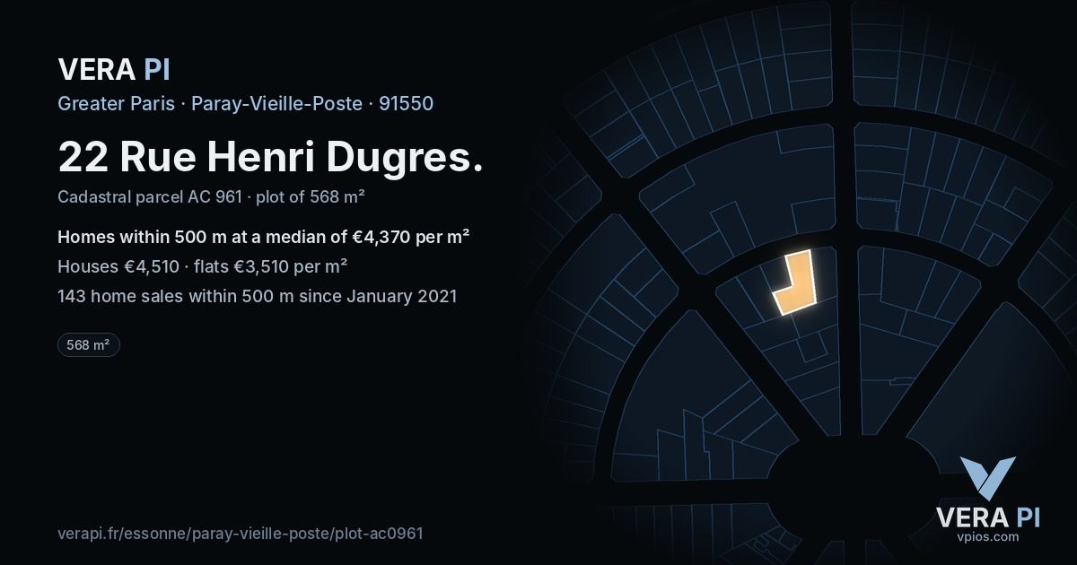 22 Rue Henri Dugres, Paray-Vieille-Poste at night – the plot lit, the parcels around coloured by the prices near them