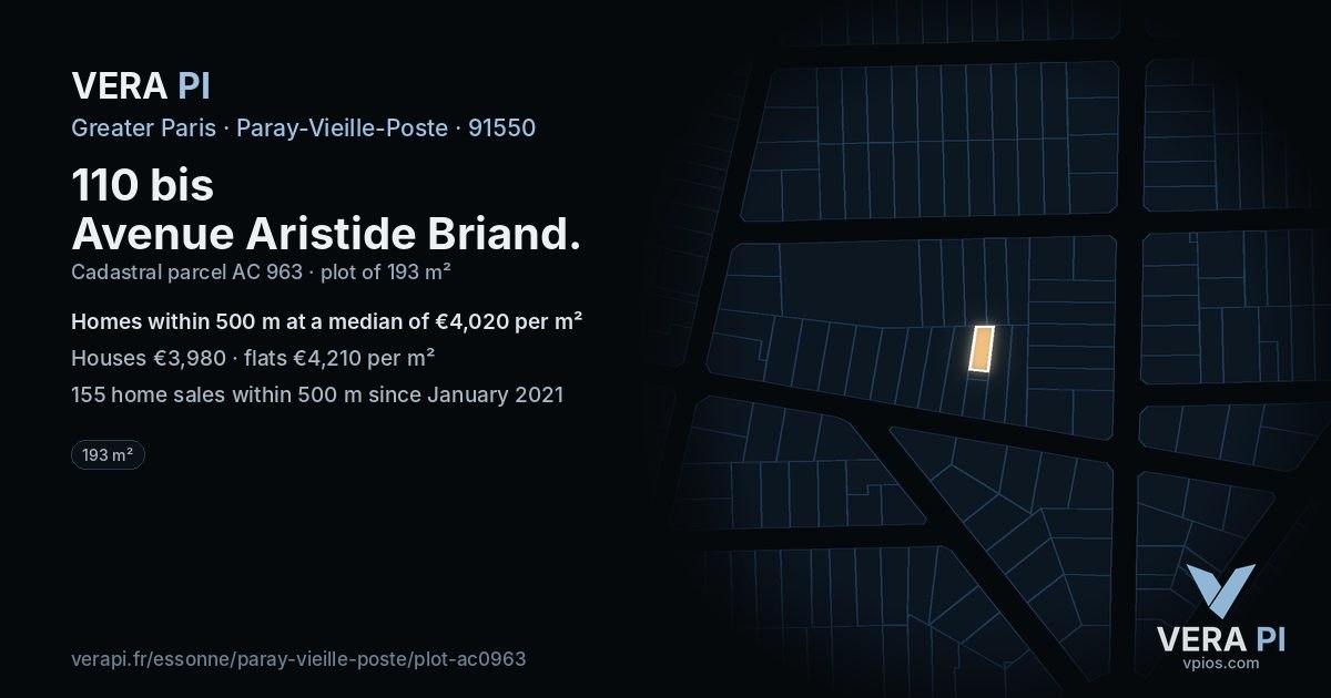 110 bis Avenue Aristide Briand, Paray-Vieille-Poste at night – the plot lit, the parcels around coloured by the prices near them