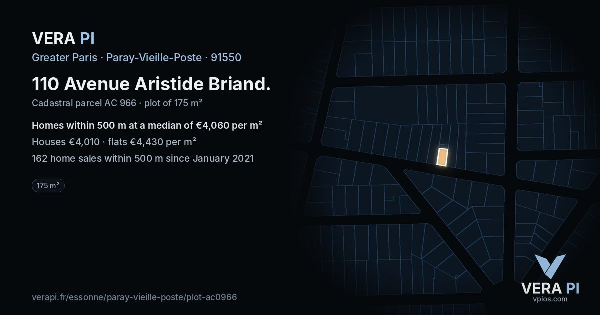 110 Avenue Aristide Briand, Paray-Vieille-Poste at night – the plot lit, the parcels around coloured by the prices near them