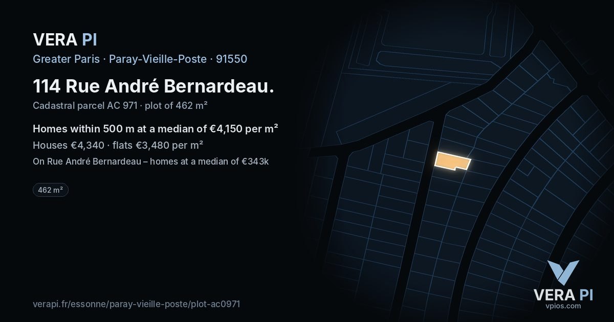 114 Rue André Bernardeau, Paray-Vieille-Poste at night – the plot lit, the parcels around coloured by the prices near them