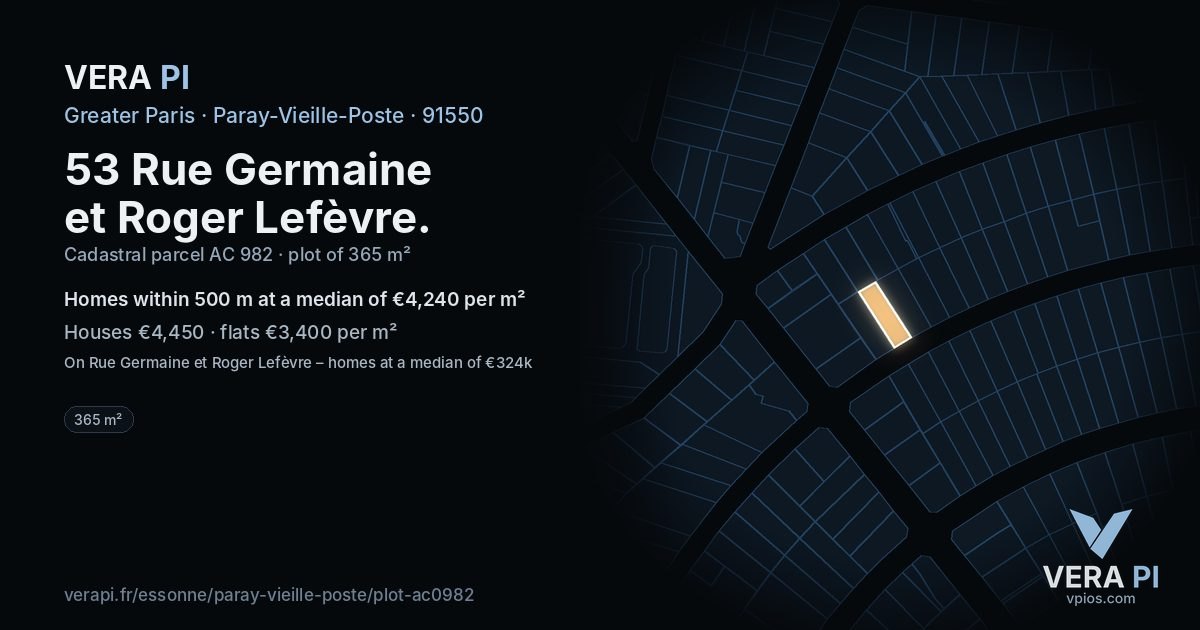 53 Rue Germaine et Roger Lefèvre, Paray-Vieille-Poste at night – the plot lit, the parcels around coloured by the prices near them