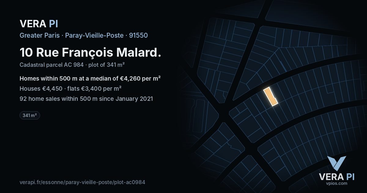 10 Rue François Malard, Paray-Vieille-Poste at night – the plot lit, the parcels around coloured by the prices near them