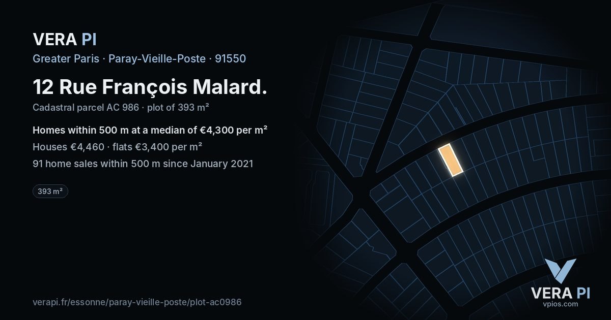12 Rue François Malard, Paray-Vieille-Poste at night – the plot lit, the parcels around coloured by the prices near them
