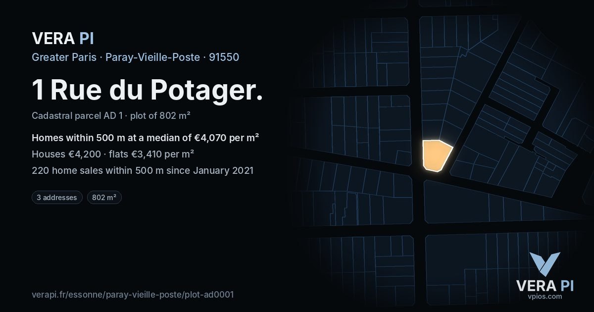 1 Rue du Potager, Paray-Vieille-Poste at night – the plot lit, the parcels around coloured by the prices near them